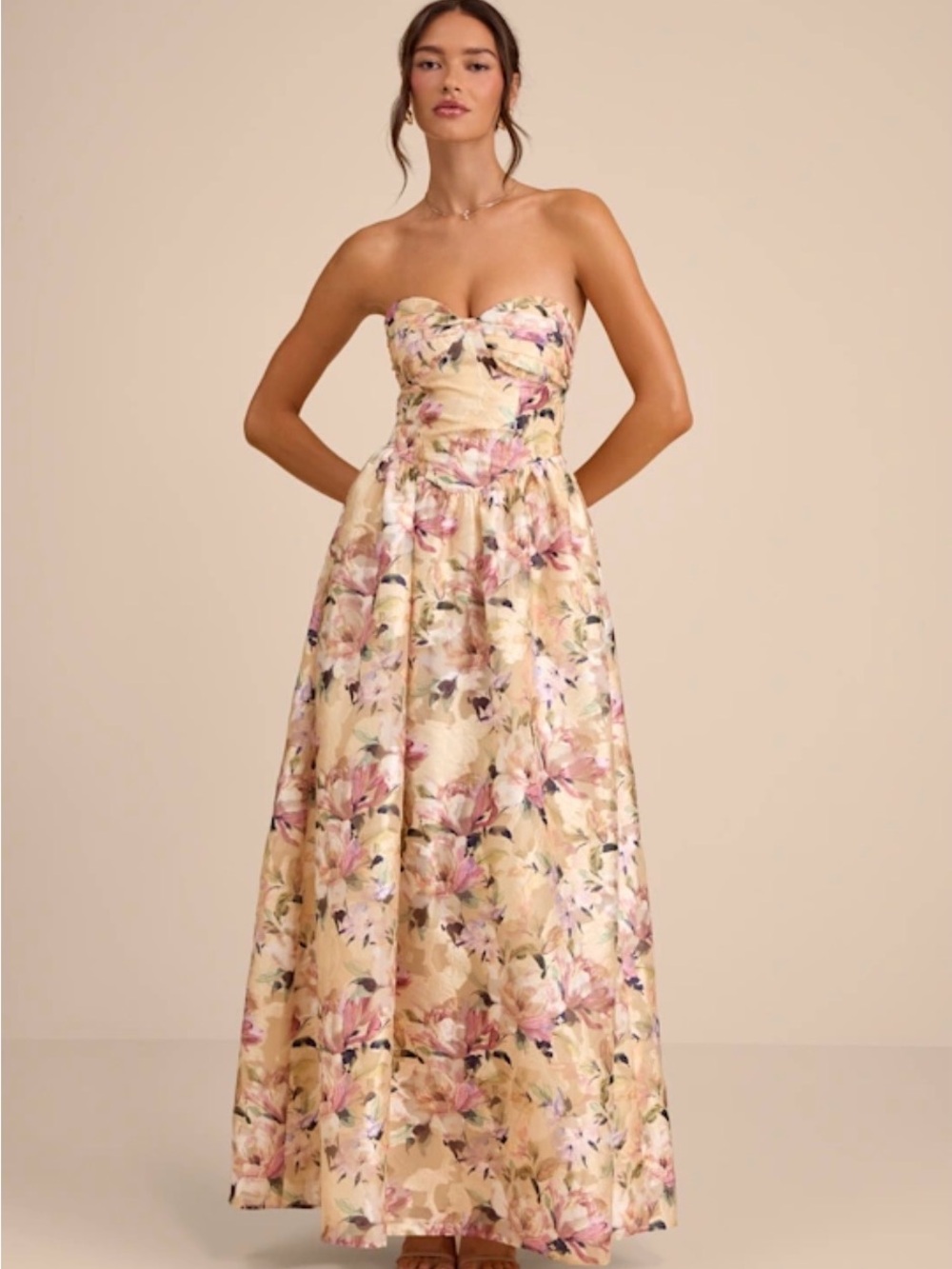 Lulu’s Kathani Light Yellow Floral Jacquard Bustier Maxi Dress